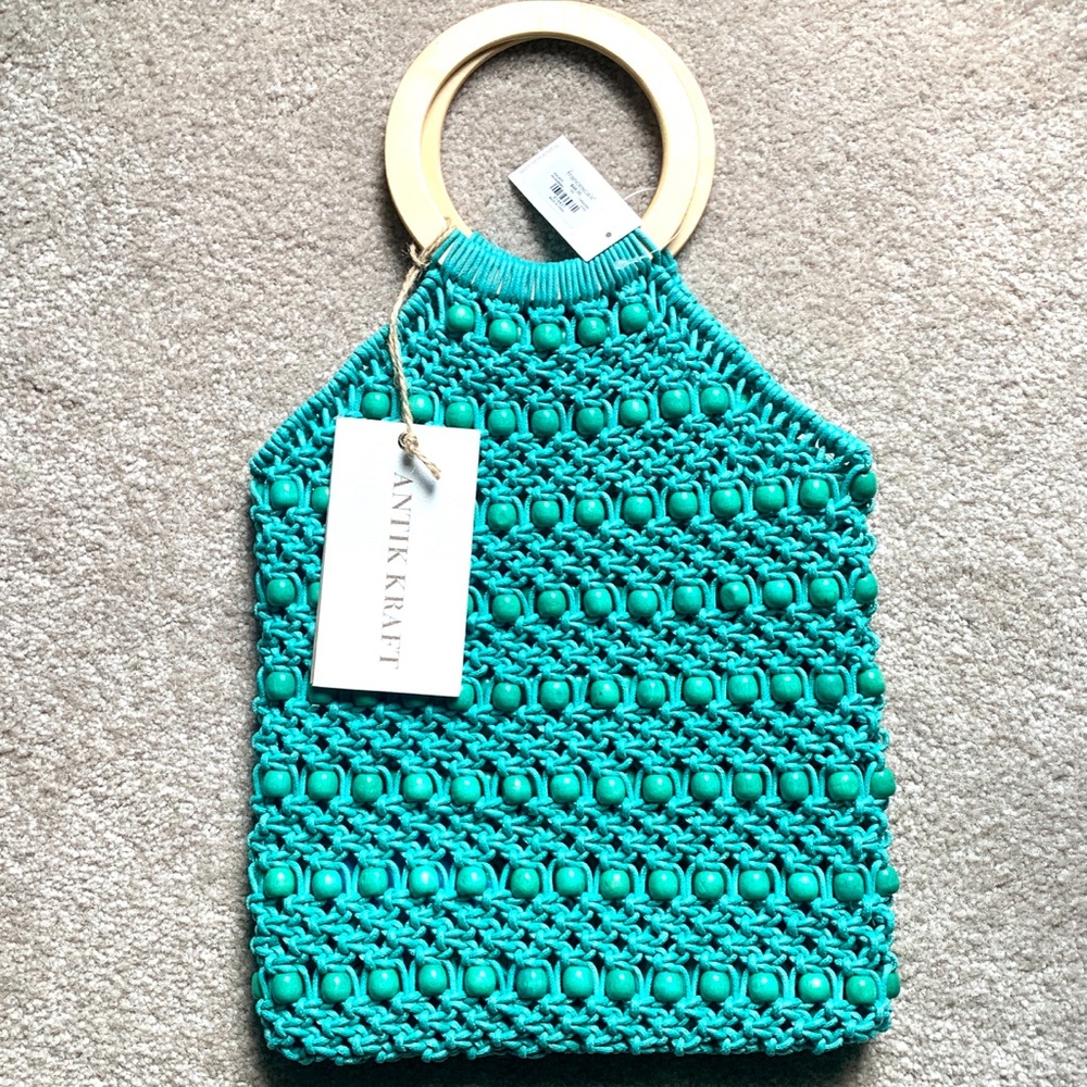 NWT Ruth Macrame Beaded Wood Hand Tote